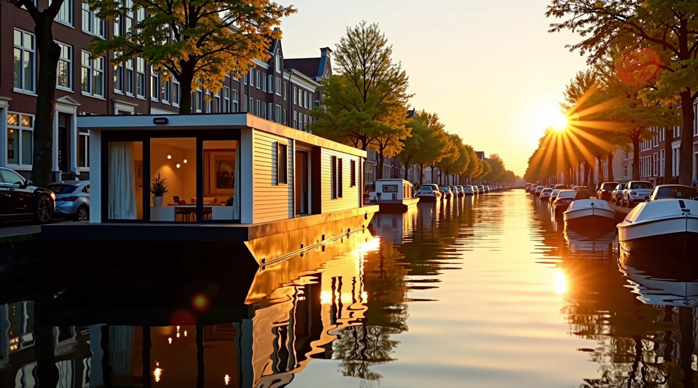 Moderne woonboot op de Amsterdam gracht met reflectie in het water bij zonsondergang