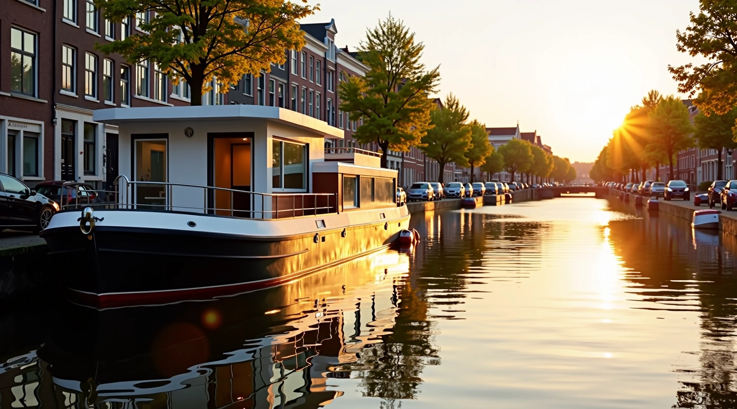 Moderne woonboot aan de Amsterdam gracht met zon en water reflectie