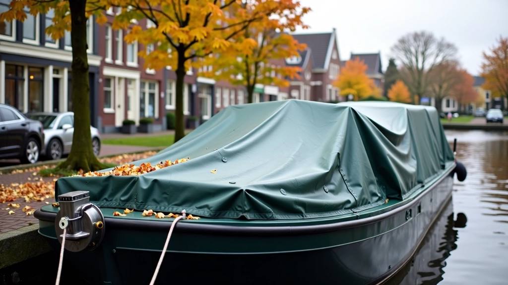 Woonboot voorbereiding op winter met dekzeil en isolatiemateriaal