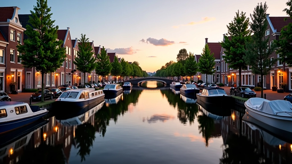 Panoramische weergave van Haarlem waterfront met traditionale huizen en bootjes