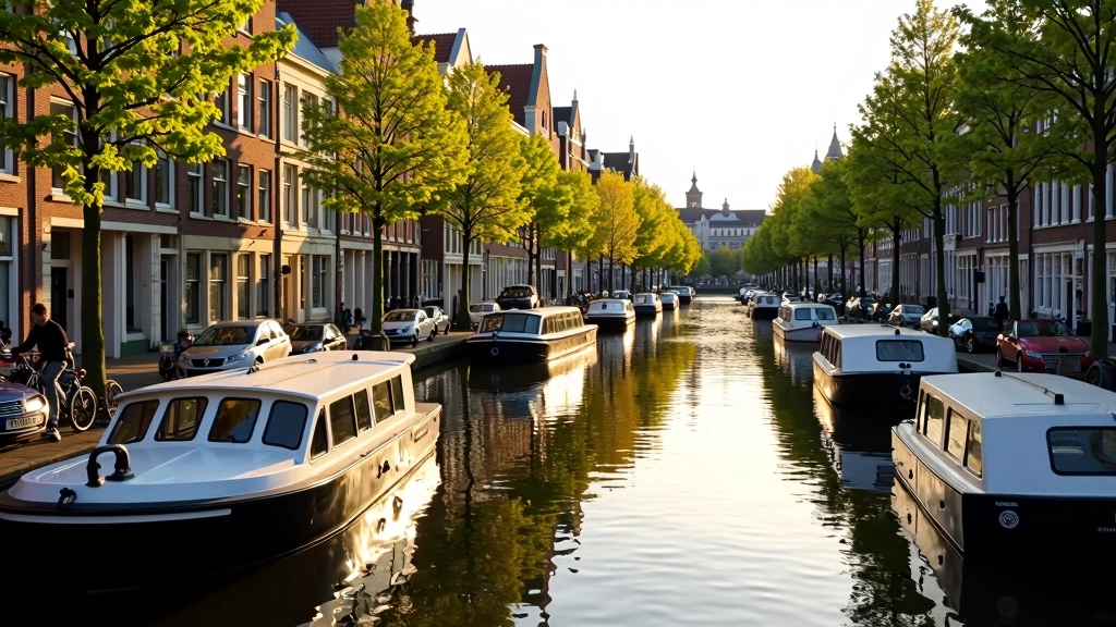 Uitzicht over Amsterdam gracht met huizen en bootjes op zonnige dag
