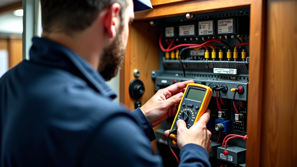 Technicus inspecteert elektrische panelkast op woonboot met meetinstrumenten