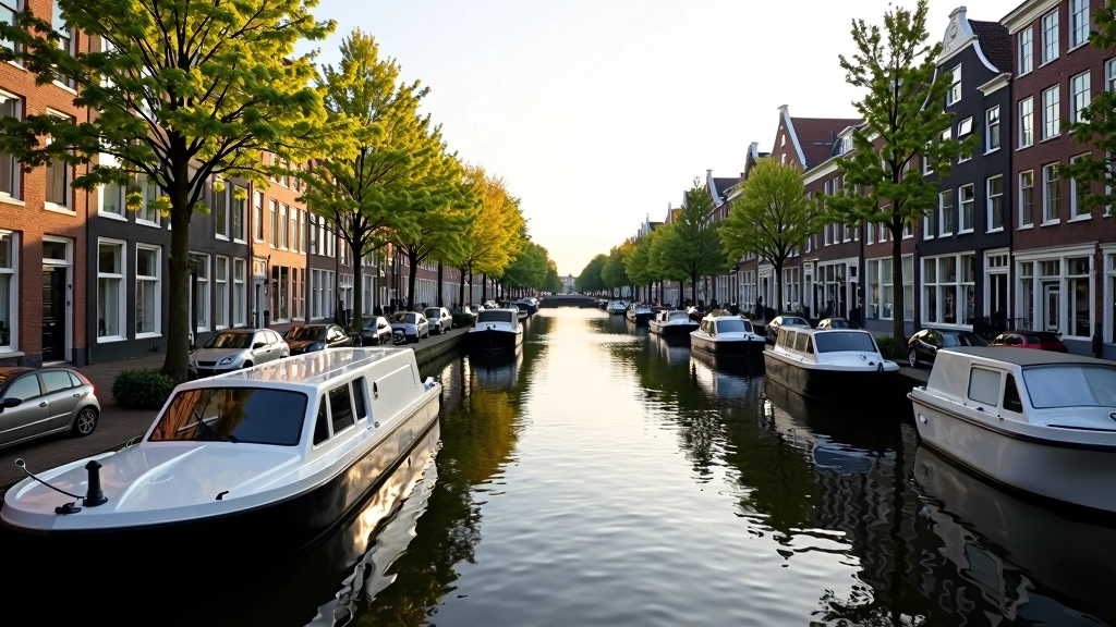 Zicht op de gracht met traditionele huizen en woonboten, rustige ochtend aan het water